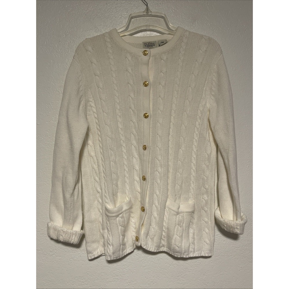 Classic Elements Women's Petite‎ Ivory Cable Knit Button Cardigan Sweater